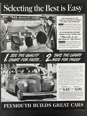 1940 Plymouth Builds Great Cars Quality Chart Couple Sedan B&W Vintage Print Ad