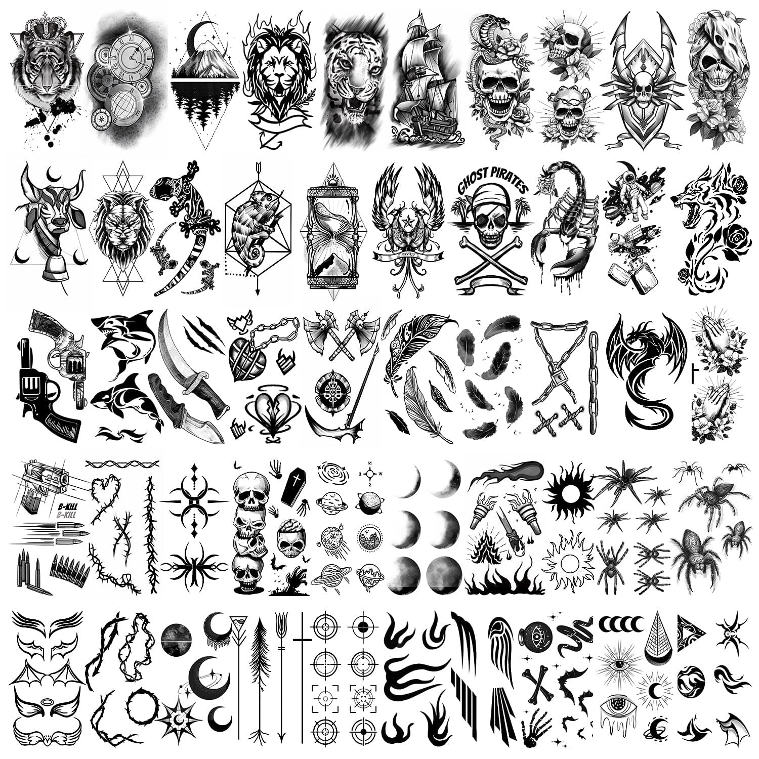 112 Sheets Temporary Tattoos for Adult Men, Fake Tattoos for Neck Arm Finger, Tatuajes Temporales Tiger Wolf Lion Dragon Halloween Tattoo Stickers