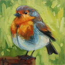 Original Oil Painting Robin Bird 5 x 5 inches Miniature Painting