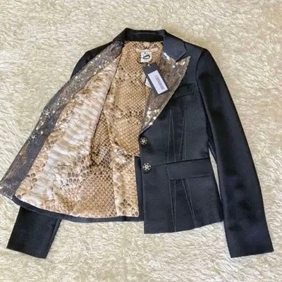 NWT Roberto Cavalli Italy Python Print Lining Glitter Lapel Jacket Dark Grey 42