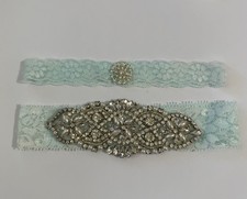Wedding Garter Set with Crystal Rhinestones Stretchy Seafoam Blue Lace