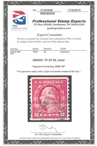 US STAMP #492 — 2c WASHINGTON COIL — VF-XF — USED — GRADE 85, APPARENT 100 - Picture 3 of 3