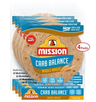 MISSION FOODS Mission Carb Balance 8" Soft Taco Whole Wheat Tortillas 8 Count - 4 Packs - Keto
