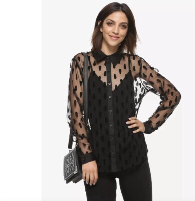 HOT TOPIC (Size S) Black Flocked Coffin Sheer Goth Dark Hot Topic Rock Blouse