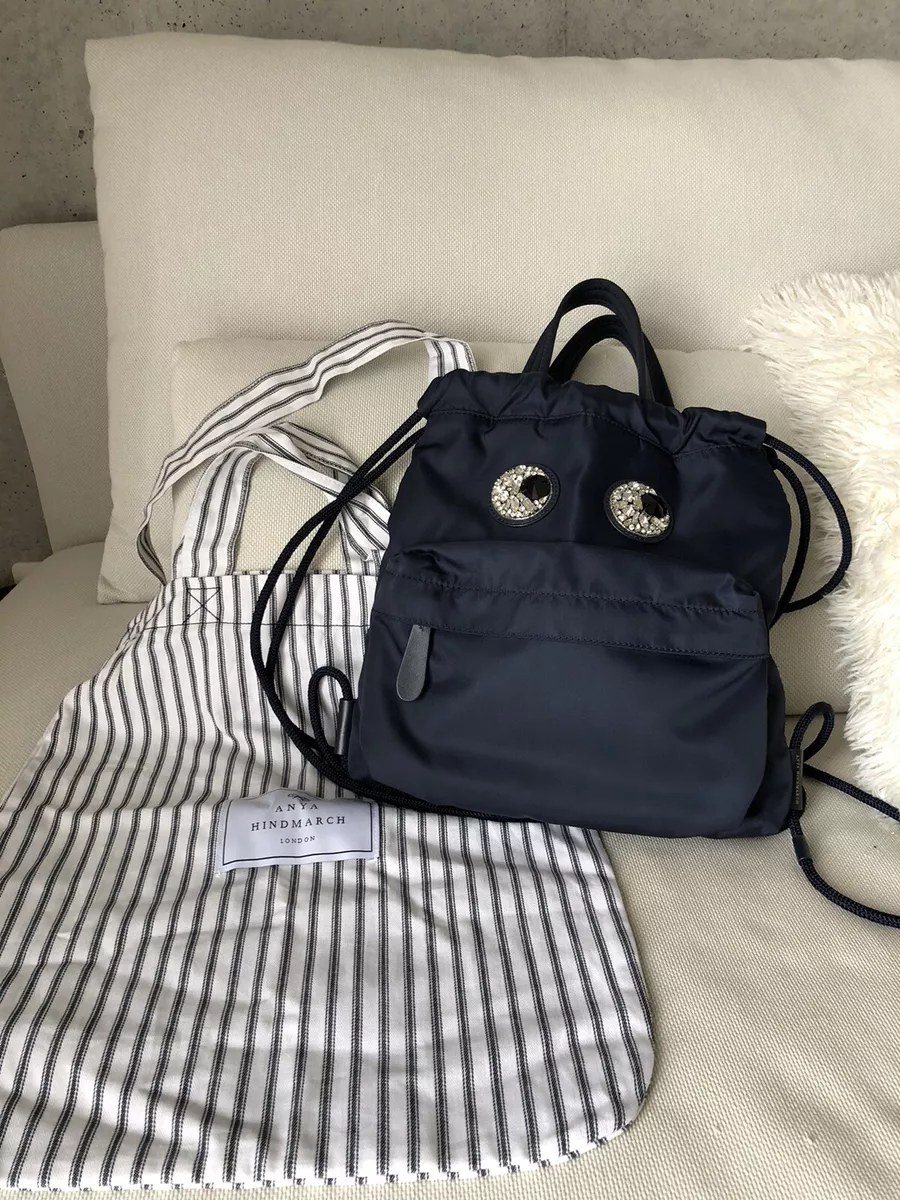 Auth Anya Hindmarch Crystal Eyes Drawstring Bag Backpack Mini Navy