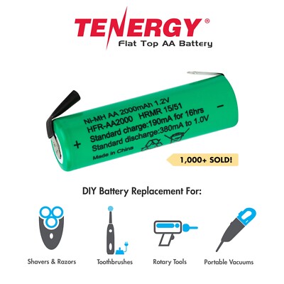 Tenergy AA 1.2V 2000mAh NiMH Flat Top Rechargeable Battery Cell with Tabs