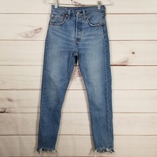 Levis 501 Jeans Womens Size 24X28 Blue Skinny Big E Button Fly Raw Hem.