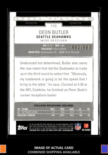 2009 Topps Platinum #116 Deon Butler Rookie Refractors #/999 Rookie Seahawks - Picture 2 of 2