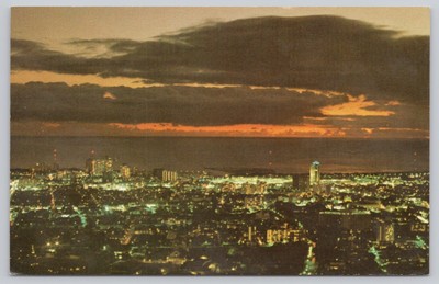Honolulu Hawaii, City Skyline Lights at Night Dusk Sunset, Vintage Postcard