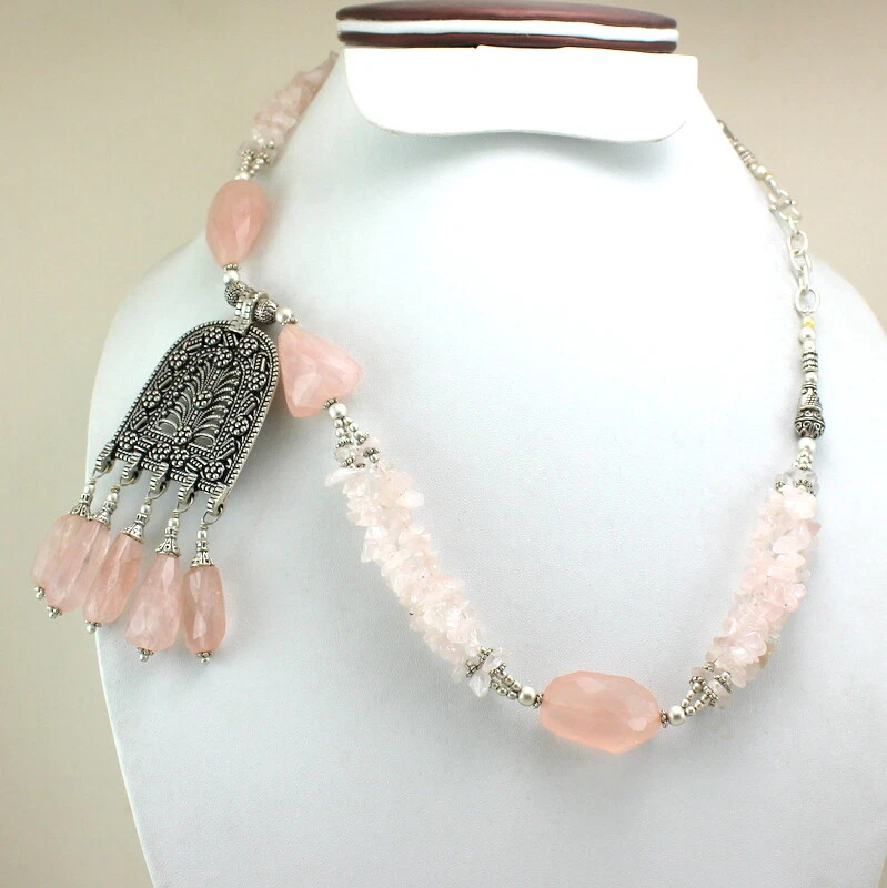 Collar Piedras Preciosas Cuarzo Rosa Natural Hecho a Mano Piedras Semipreciosas Cuentas Joyería Foto 2 de 2