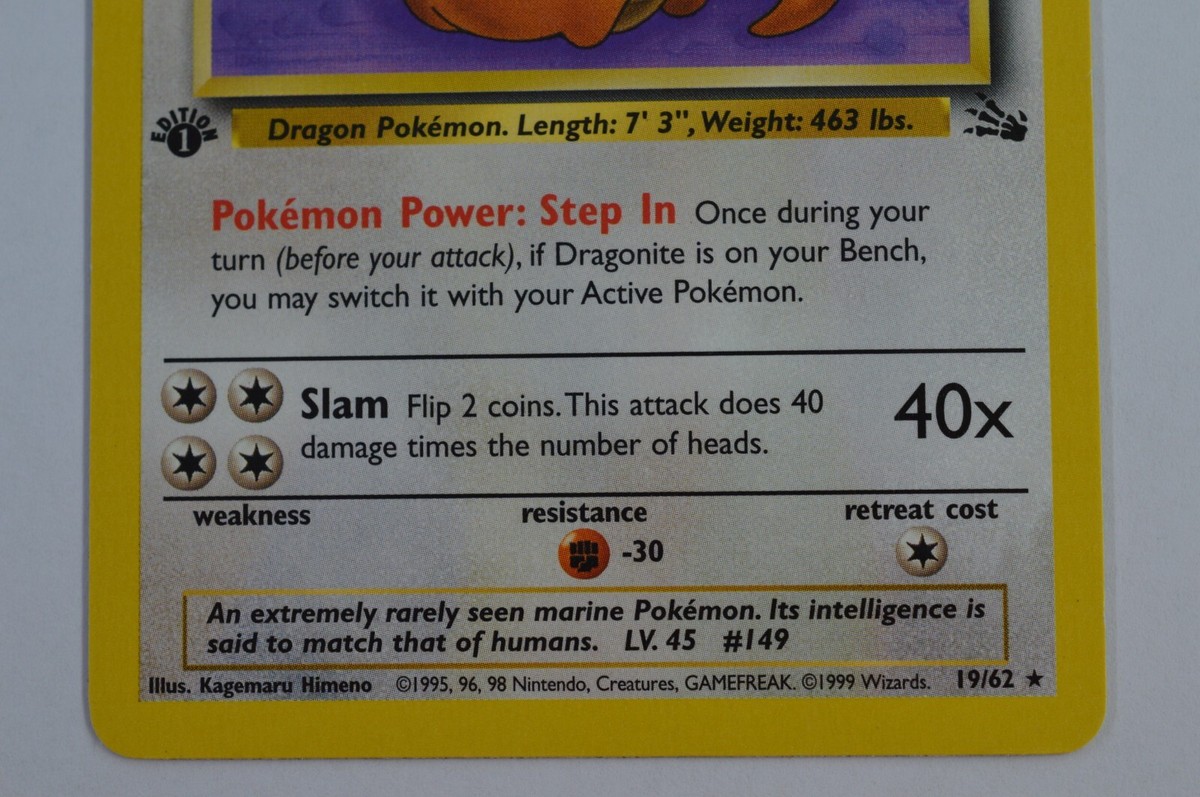 dragonite pokemon card 19/62 1999 FOSSIL 1ST EDITION #19/62 HGA 9 CERT P0NYKNBDLL  Jeffthrowcards Preserved in a tamper 1st Edition Dragonite - Card