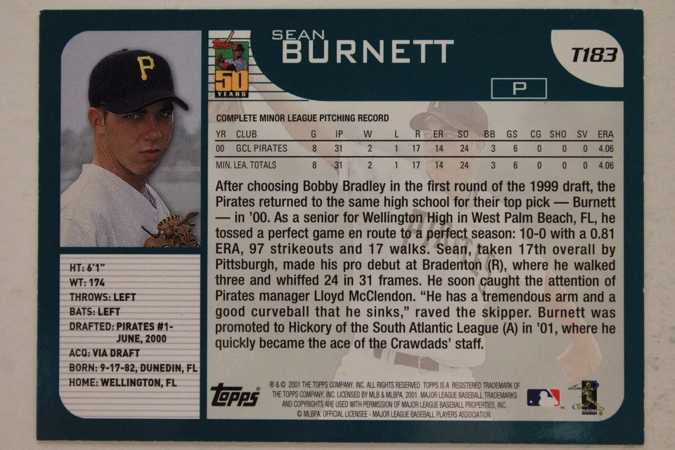 Sean Burnett Pirates Autographed 2001 Topps #T183 Signed Card 17G - Image 2 of 2
