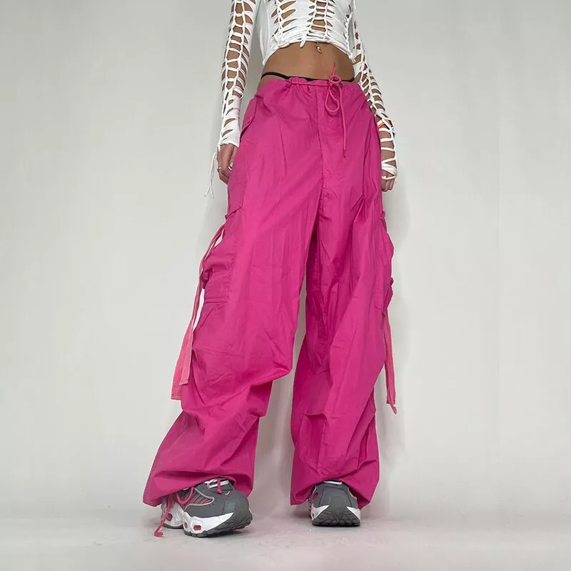 Women Girls Harajuku Big Pocket Pink Cargo Pants Wide Leg Pants