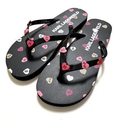 NWOB KARL LAGERFELD Zea Heart Love Flip Flop Slip-On Size 9 Embellishments xoxo