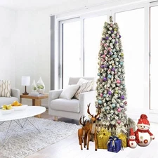 7.5FT Snow Flocke Artificial Christmas Tree Xmas Metal Stand Auto-Spread Branche