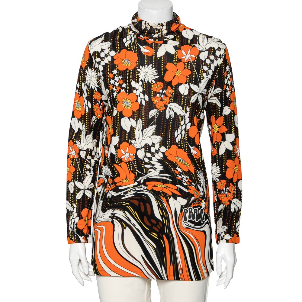 Prada Orange Floral Printed Jersey Long Sleeve Turtleneck