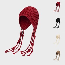 Women's Handmade Crochet Beanie Tassel Ear Flaps Knit Hat Slouchy Knit Skull Cap