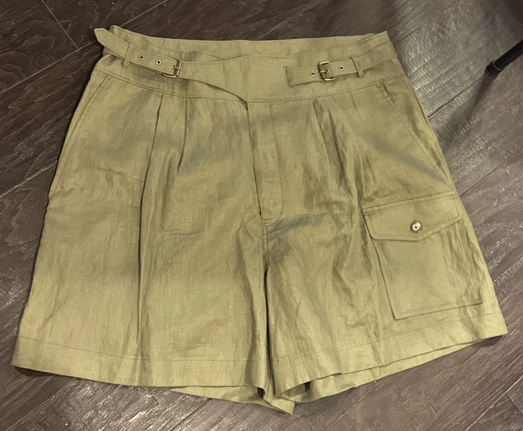 Ralph Lauren LRL Womens Size 16 Shorts Green Linen Belted Cargo Pockets Preppy