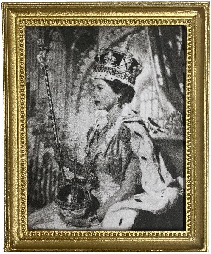Dolls House Queen Elizabeth II Coronation Portrait B&W Picture 1:12 Gold Frame