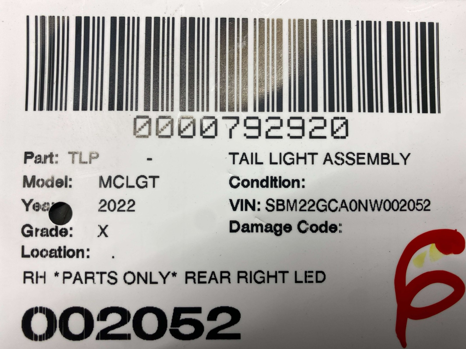 McLaren GT 2020-2023 Rear Right Tail light