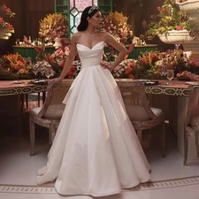 Off Shoulder Pleated Wedding Dress Sleeveless A-line Wedding Gowns Backless Belt