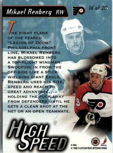 Inserto Fleer Ultra Alta Velocidad 1995-96 Mikael Renberg Philadelphia Flyers #16 - Imagen 2 de 2