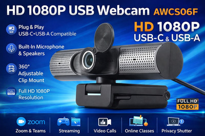 HD 1080P Webcam USB-C USB-A w/ Built-in Speakers & Mic AWCS06F Black