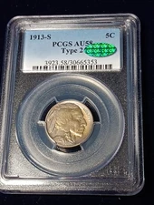 👉1913-S Type 2 Buffalo Nickel PCGS AU-58 CAC STUNNING Toning 