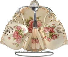YOLIFE Tea Cups and Saucers Set of 2, Porcelain Floral Tea Cups Set with Holder,
