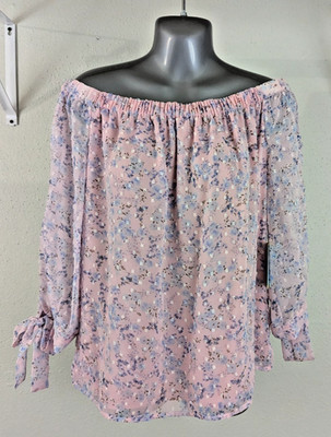 New CeCe sz S Off The Shoulder Blouse swiss dot textured colorful floral 0559