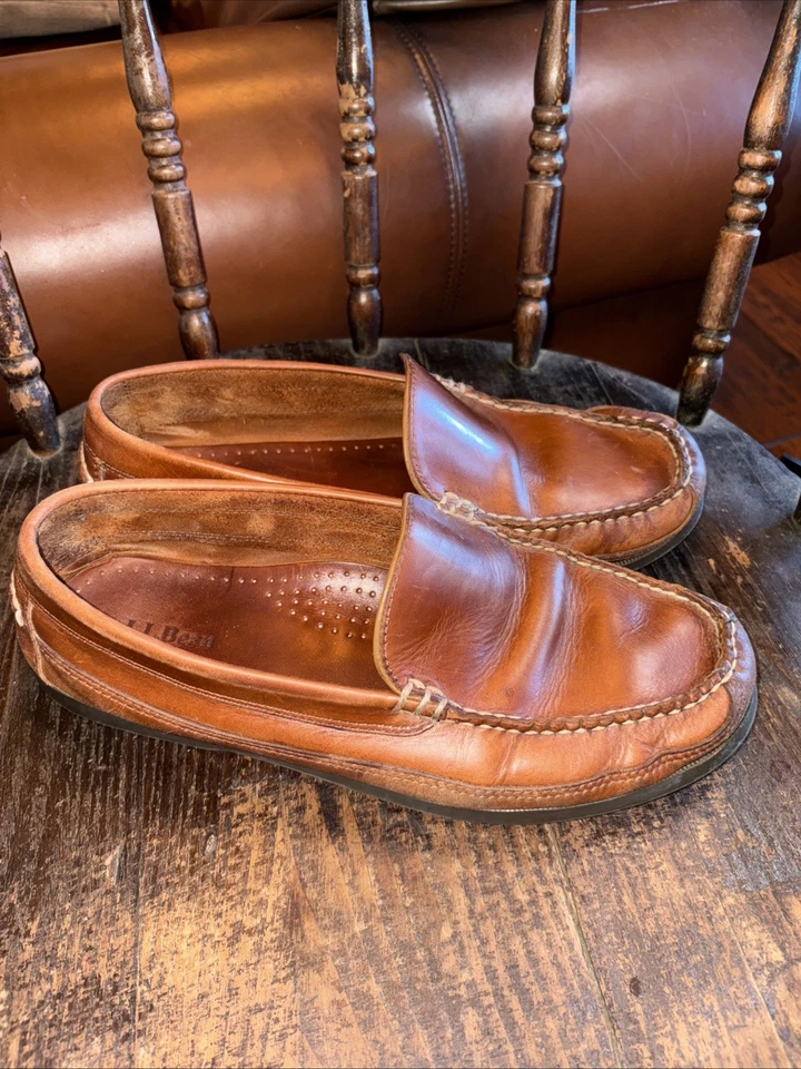 MEN'S LL BEAN BROWN LEATHER LOAFERS MOCCASINS - SIZE 11 EE- GUC- NEEDS POLISHING - Image 2 of 4
