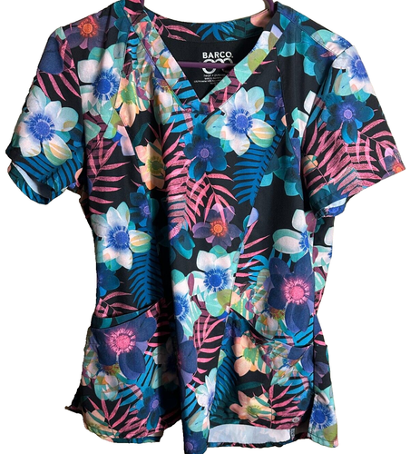 Barco One Women's/Nurses' Scrub Top Spring Floral Tropical Happy Top Medium