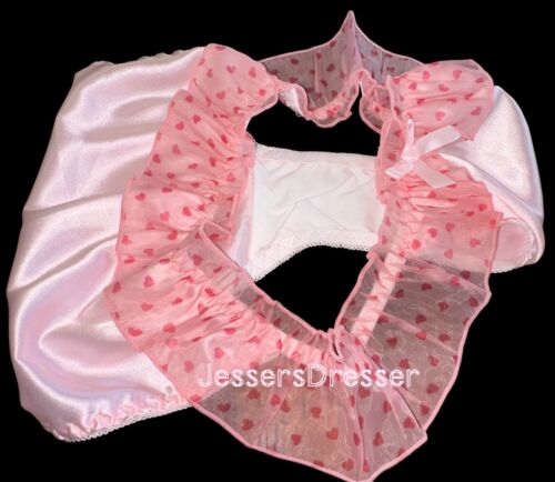 Cute Pink Satin w Heart Print Sheer Chiffon Flutter Sides Bikini Panties XL New - Picture 5 of 5