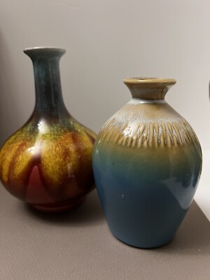 Bud Vases Art Studio Pottery Turquoise Brown Ombre Drip Mixed Glaze ...