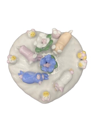 Ceramic Heart Shaped Trinket Box Applied Piglets & Flowers Jewelry/ Nick Nack