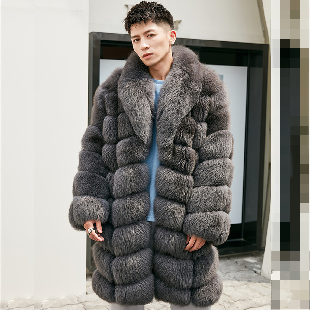 Mens Dark Grey New Real Fox Fur Jacket Genuine Fur Mid-length