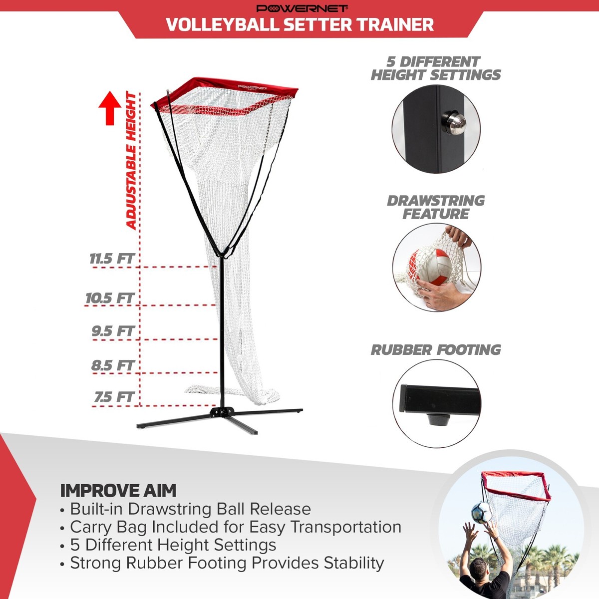 Drawstring Ball Release Practice Net PowerNet Volleyball Setting ...