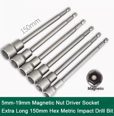 5mm-19mm Magnetic Nut Driver Socket Extra Long 150mm Hex Metric Impact Drill Bit