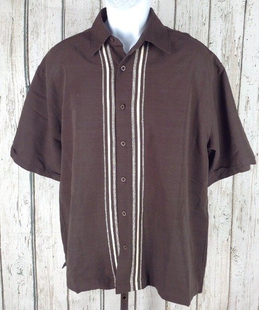 CubaveraLEmbroidered Stripe Bowling S/S Cuban Camp Shirt Brown