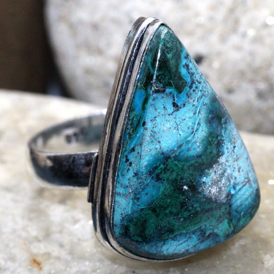 925 Silver Plated Chrysocolla Malachite Ethnic Ring Jewelry Size US 7 JW