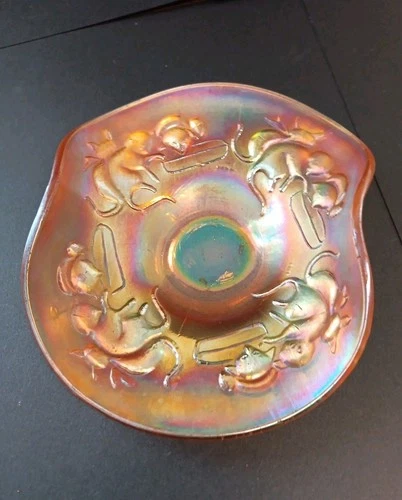 RING DISH vtg carnival glass jewelry bowl marigold kittens cat kitty fenton art