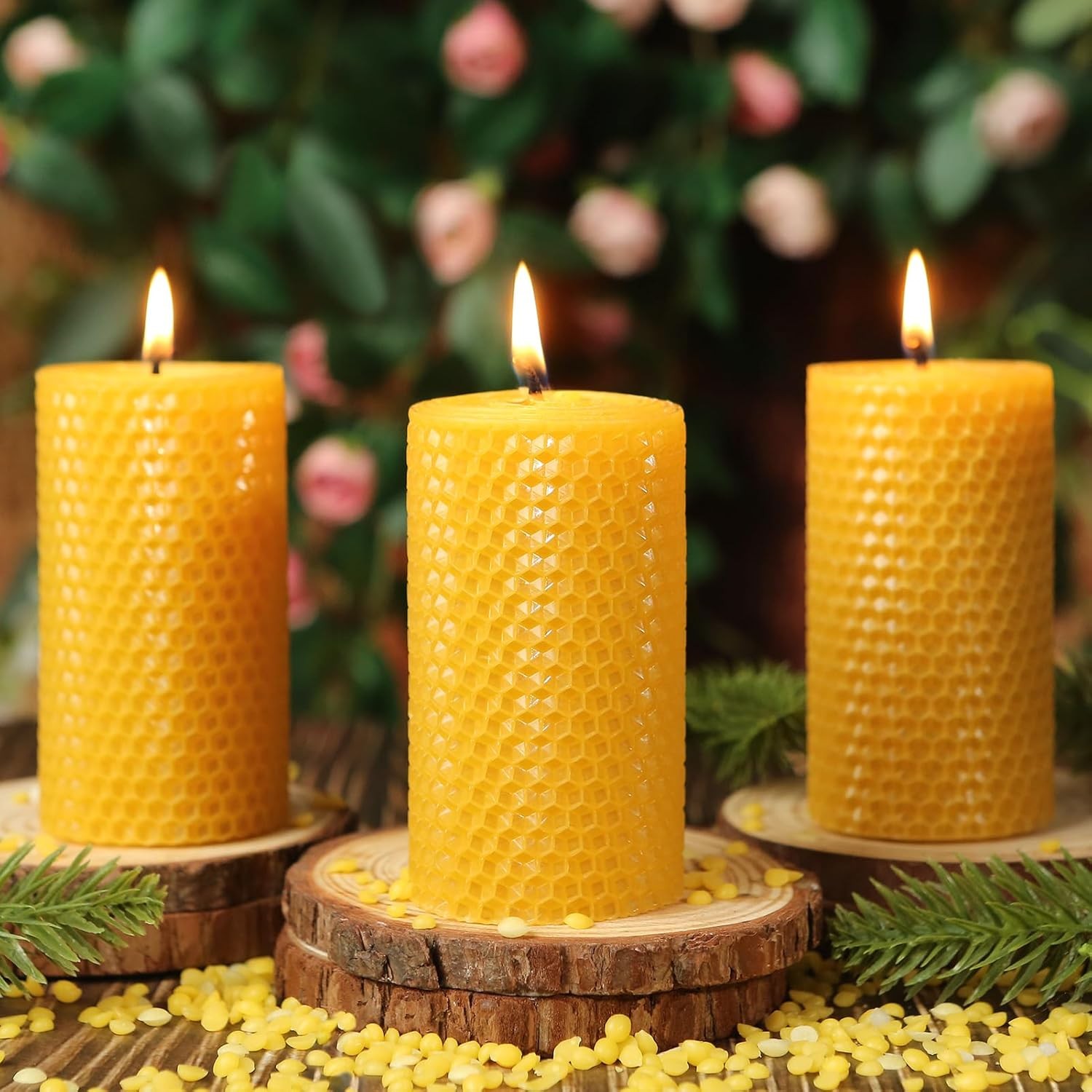 3 Pack Natural Beeswax Pillar Candles,Handmade Pure Candle-6
