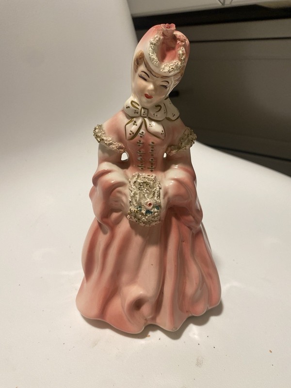Pink White Ceramic Woman Figural Floral Glossy Mid-Century Planter C4