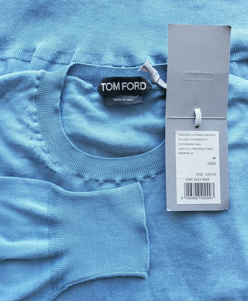 $1250 TOM FORD Para hombres Algodón Cuello Redondo Suéter Pullover Denim Azul Talla 50/US 40 Foto 2 de 4