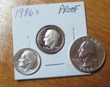 3 Coins  Uncirculated Washington 1964 Quarter  1964 Roosevelt Dime 1986 S Proof