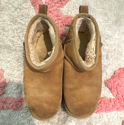UGG Classic Ultra Mini Suede Sheepskin Lined Pull-On Ankle Bootie Brown 7