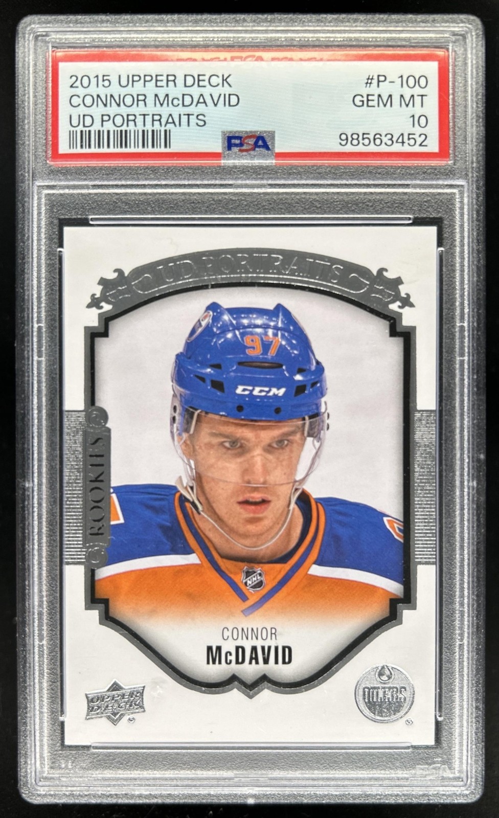 2015-16 Upper Deck Connor McDavid UD Portraits Rookie RC #P-100 Oilers PSA 10 view 1