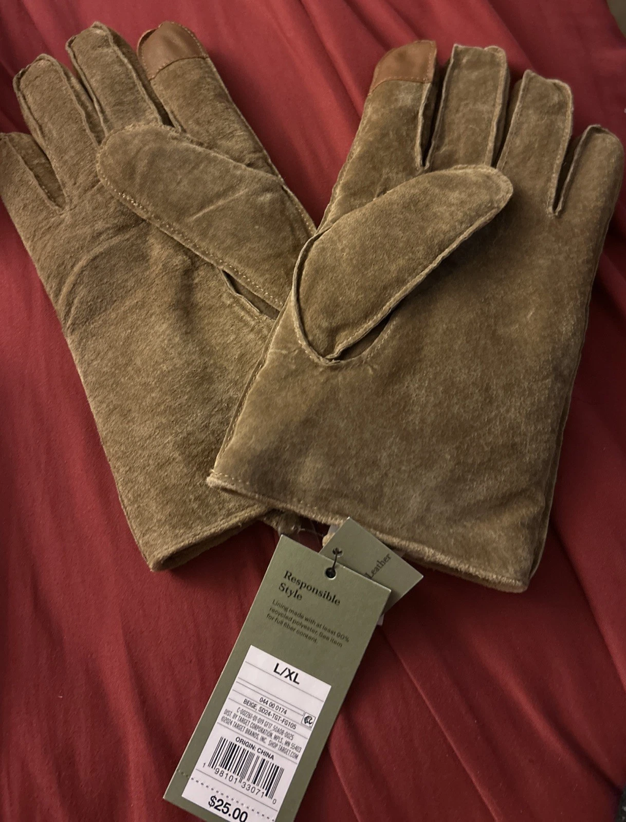 Goodfellow Mens Camel Tan Suede Pig Leather & Faux Sherpa Gloves L/XL NWT