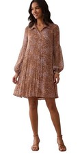 Nine West Pleated Mini A-Line Dress Sz Small Sheer Blouson Sleeves Cafe Brown