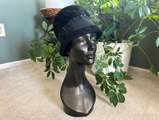 Vintage 1960s Black Fur Felt Cloche Hat Beaded Black Grosgrain Ribbon Band